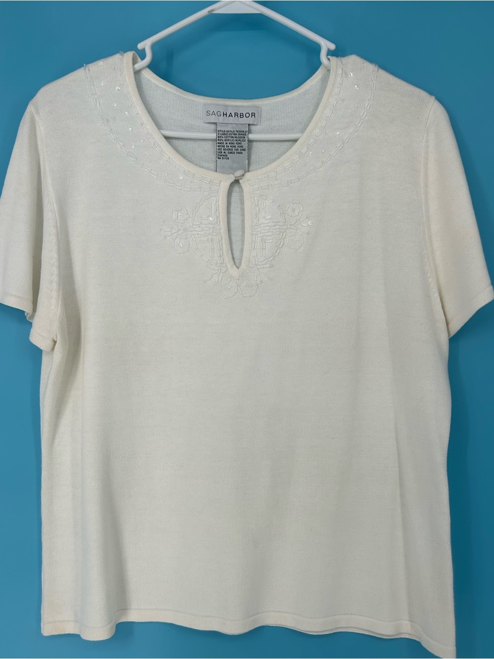 Sag Harbor Cream Short-Sleeve Embroidered Keyhole Top